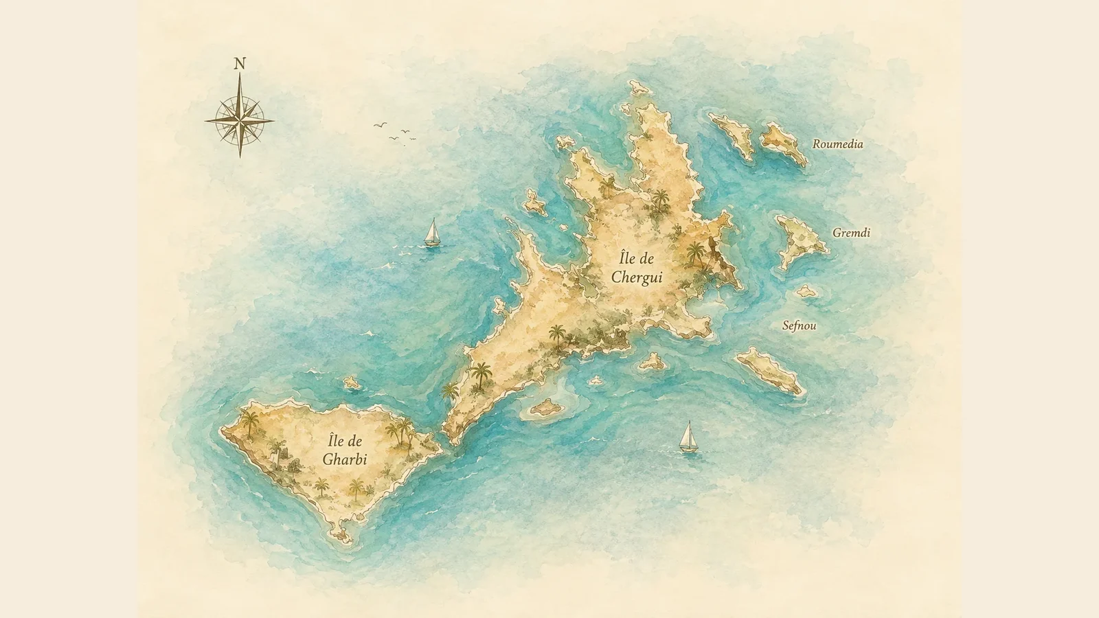 Carte aquarelle de Kerkennah situant les îles de Gharbi et Chergui et plusieurs îlots autour de Chergui