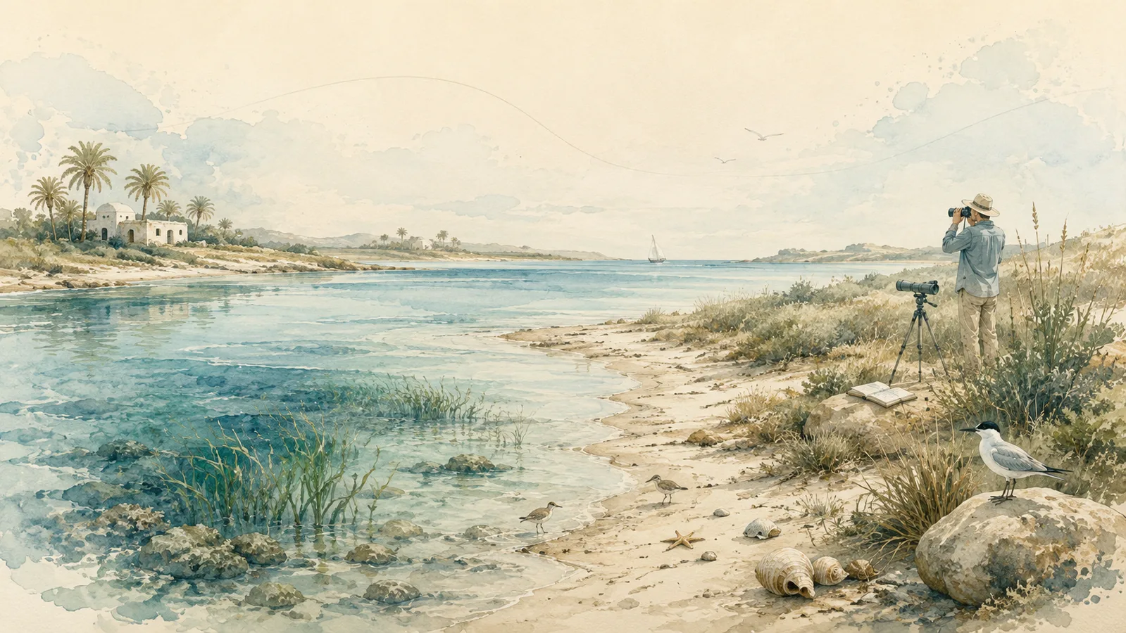 Illustration aquarelle d’un littoral de Kerkennah observé par un naturaliste, avec lagune, oiseaux et herbiers