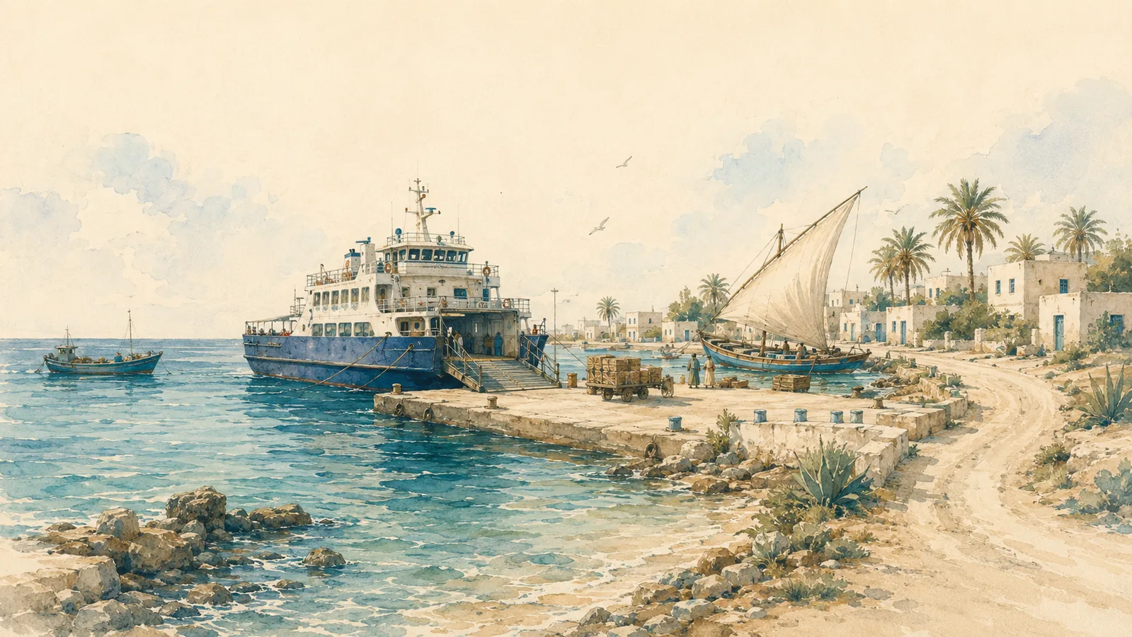 Illustration aquarelle d’un port de Kerkennah avec ferry, felouque et habitations côtières