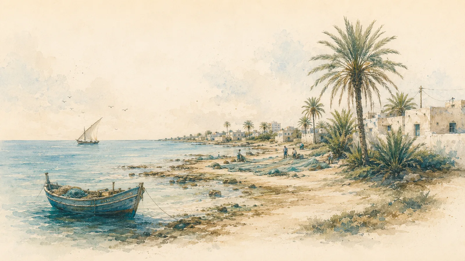 رسم مائي لقرية ساحلية في قرقنة مع النخيل والقوارب وشباك الصيد